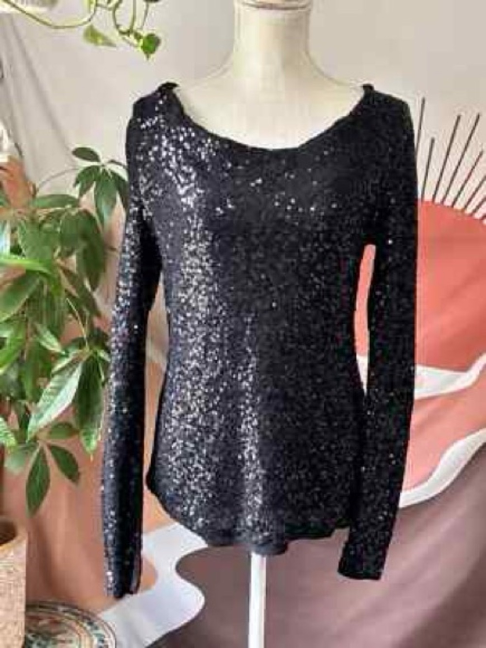 Boston Proper Black Sequin Long Sleeve Scoop Neck Top